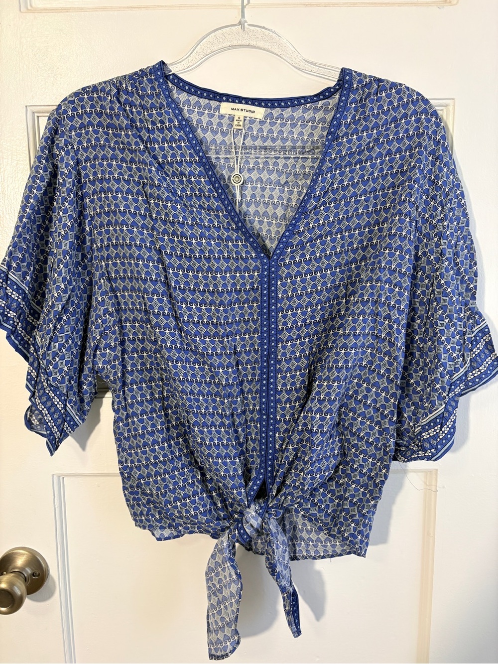 Max Studio Blue Printed Tie-Front V-Neck Blouse